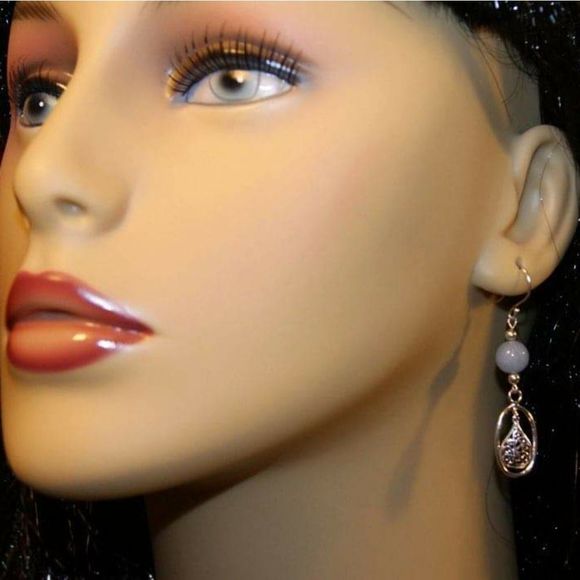 Handmade Light Blue Angelite & Filigre Tear Drop Sterling Silver Dangle Earrings - Picture 2 of 5
